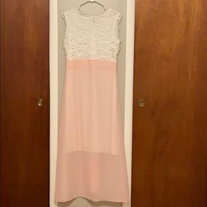 White and pink lace top formal dress